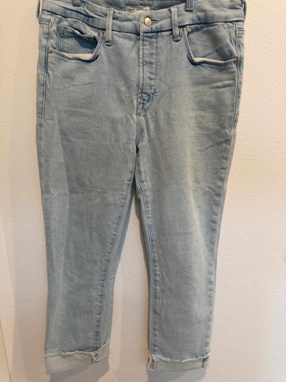 Good American Light Wash Cropped Jeans with Raw Cuffs